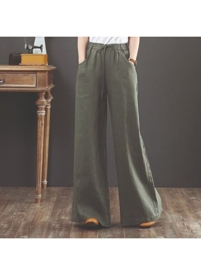Barbora Linen Casual Trousers with Elastic Waistband and Lace-Up LN12HAKI7 - Image 1